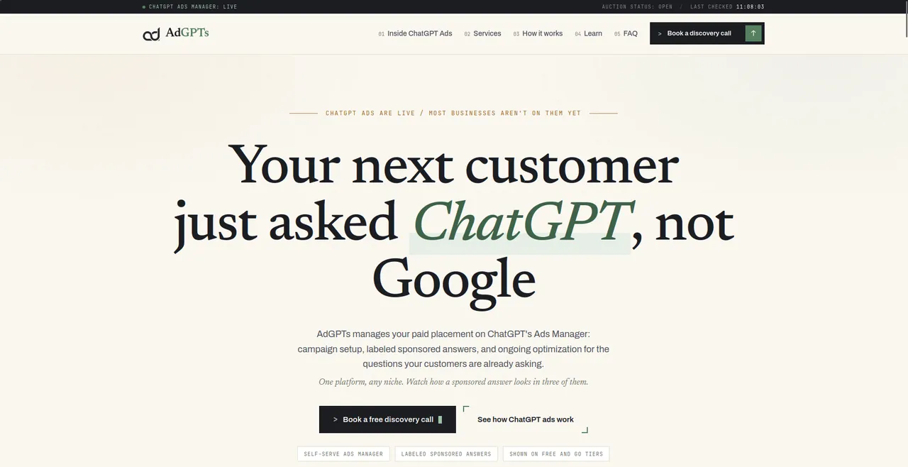 AdGPTs: the opening screen, “Your next customer just asked ChatGPT, not Google”