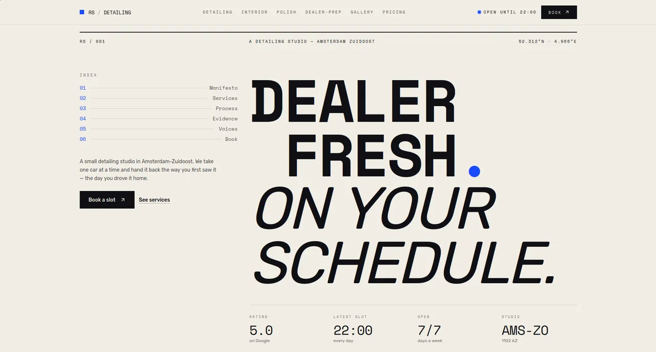 RS Detailing: the opening screen, “Dealer fresh, on your schedule”