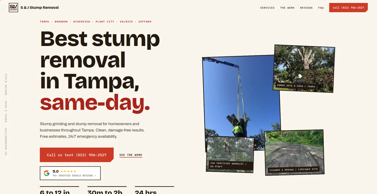 S & J Stump Removal: the opening screen, “Best stump removal in Tampa, same-day”